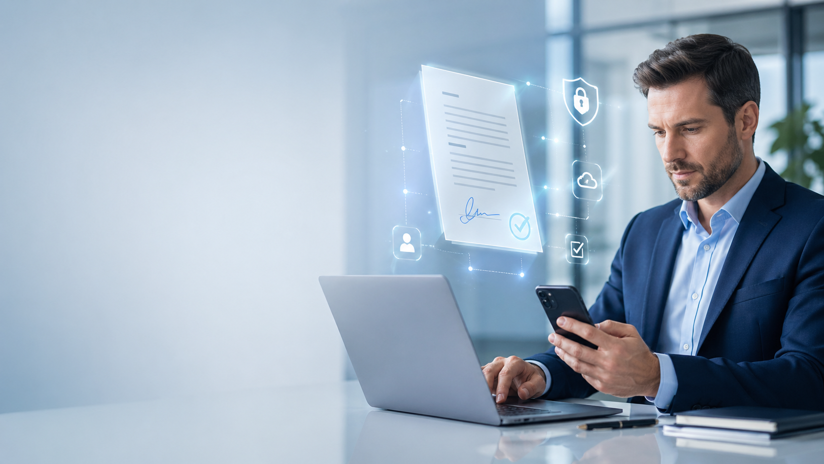 Profesional gestionando un proceso de firma digital a distancia